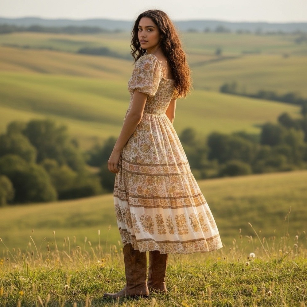 Chic Floral Midi Dress in Cream and Brown